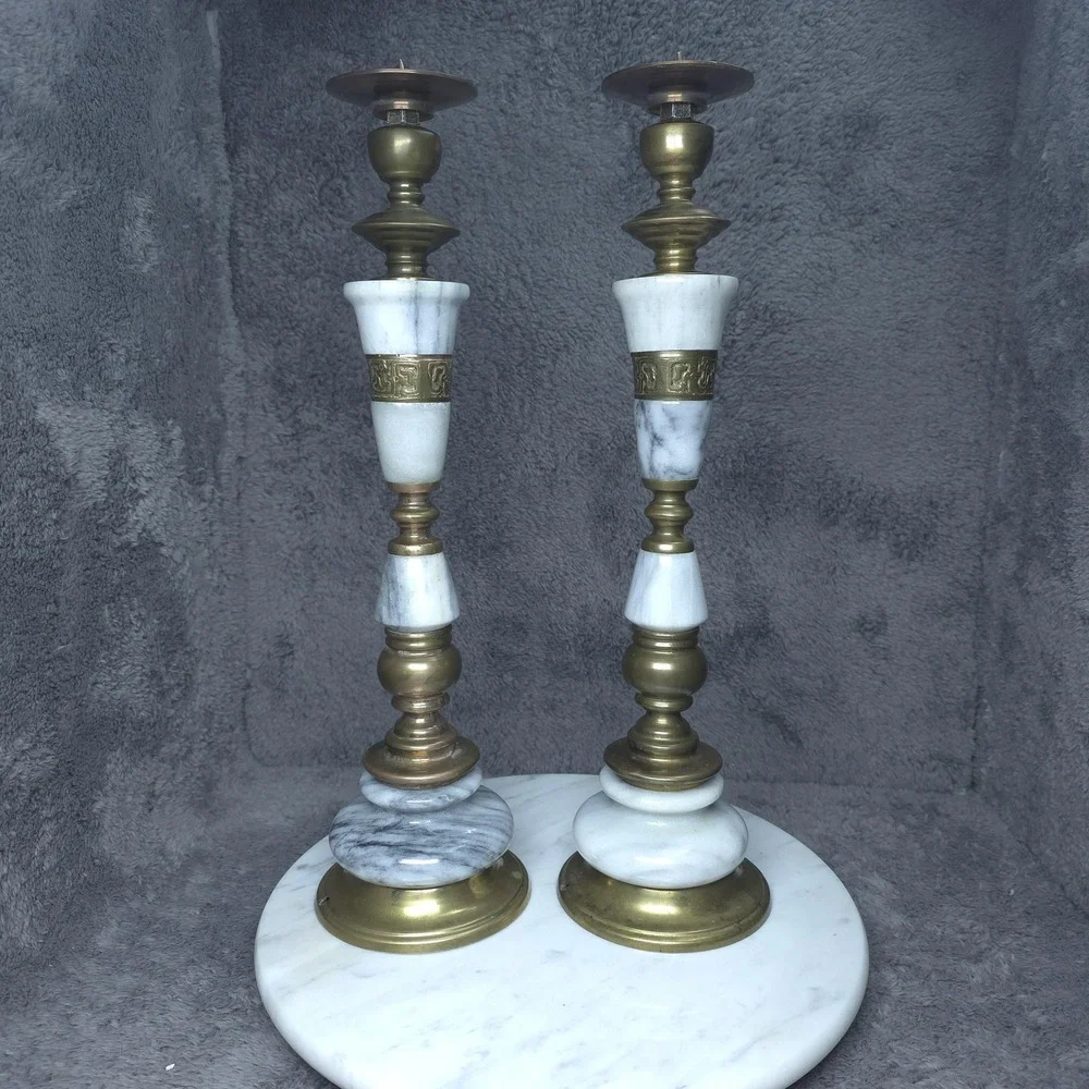 Vintage Brass Marble Candlestick Holders White Stone Taper Pillar Pair Decor 15